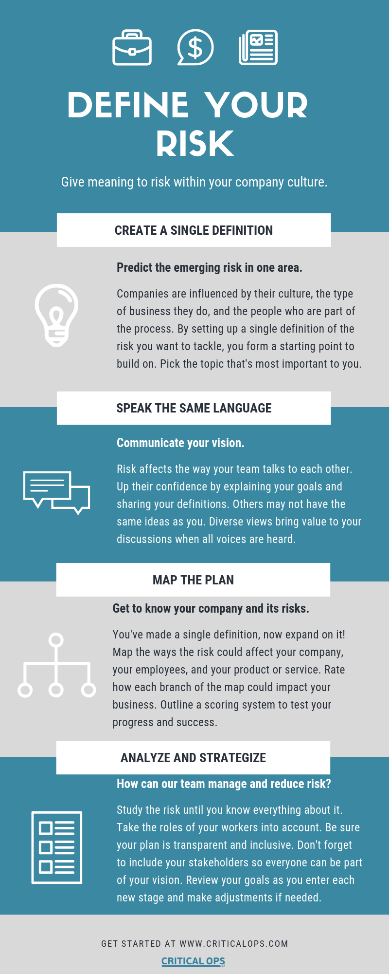 Define Your Risk
Give meaning to risk within your company culture.
Create a Single Definition
Predict the emerging risk in one area. Companies are influenced by their culture, the type of business they do, and the people who are part of the process. By setting up a single definition of the risk you want to tackle, you form a starting point to build on. Pick the topic that's most important to you.
Speak the same language. Communicate your vision.
Risk affects the way your team talks to each other. Up their confidence by explaining your goals and sharing your definitions. Others may not have the same ideas as you. Diverse views bring value to your discussions when all voices are heard.
Map the plan. Get to know your company and its risks.
You've made a single definition, now expand on it! Map the ways the risk could affect your company, your employees, and your product or service. Rate how each branch of the map could impact your business. Outline a scoring system to test your progress and success.
Analyze and Strategize. How can our team manage and reduce risk?
Study the risk until you know everything about it. Take the roles of your workers into account. Be sure your plan is transparent and inclusive. Don't forget to include your stakeholders, so everyone can be part of your vision. Review your goals as you enter each new stage and make adjustments if needed.