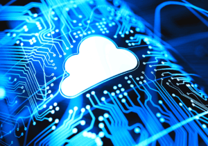 A blue circuit board with a cloud, representing the integration of business process in a digital era.