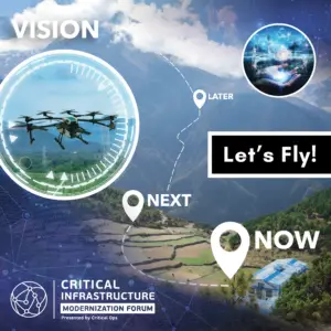 Drone flying over mountains with vision of future.