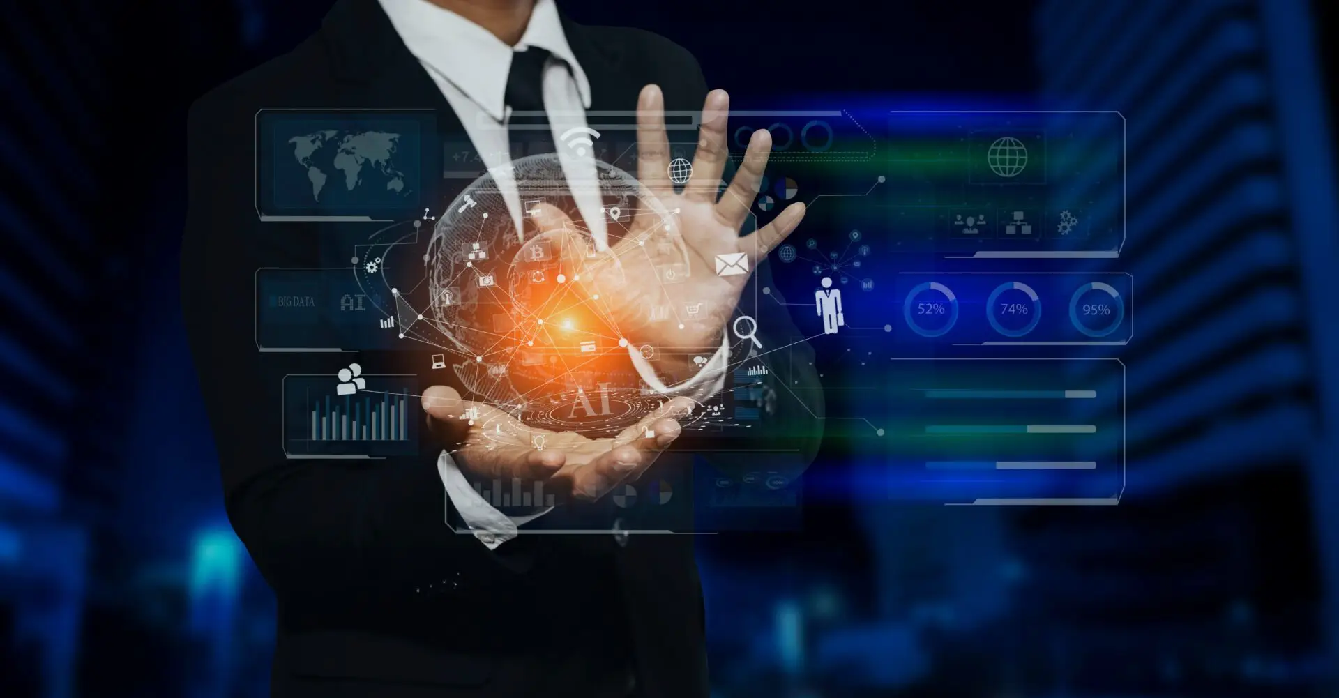 Man holding glowing globe with AI data.