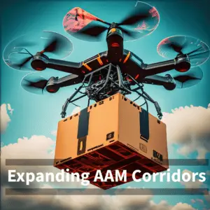 Drone delivering package in the sky.