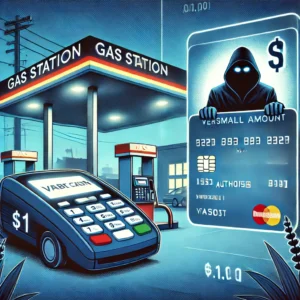 Digital illustration of a gas station transaction with a debit card, showing the $1 verification process on a card reader, and a shadowy figure representing a fraudster exploiting the delay between the small verification amount and the full transaction authorization.