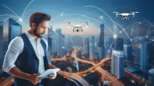 Man with tablet in a smart city.