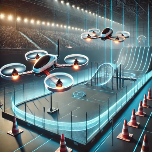 Futuristic drone racing arena with two drones.