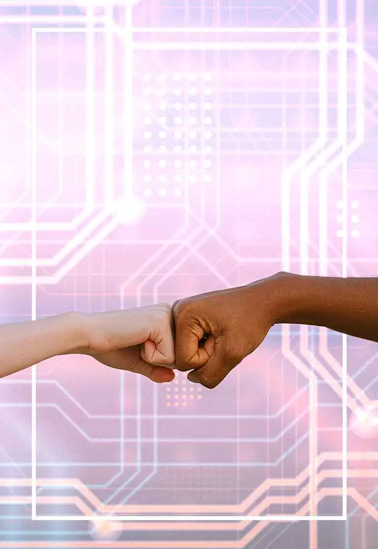 Two fists bumping, digital background.