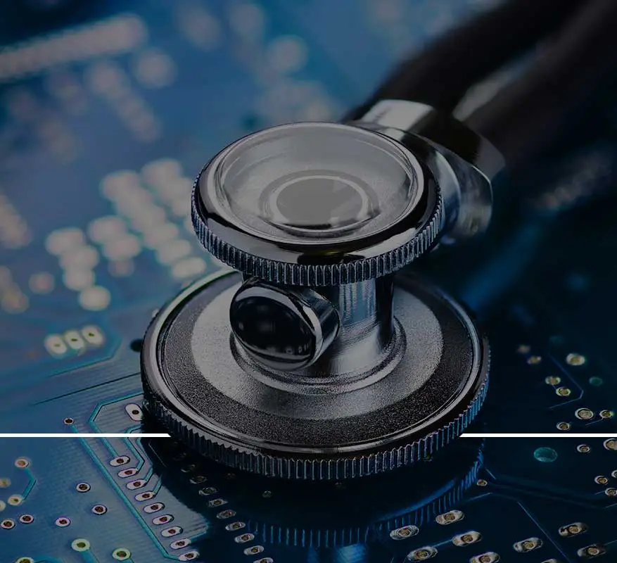 Stethoscope on circuit board: digital health.