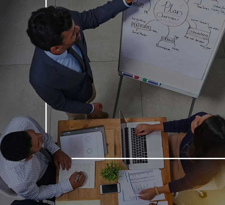 Team brainstorming business plan strategy.