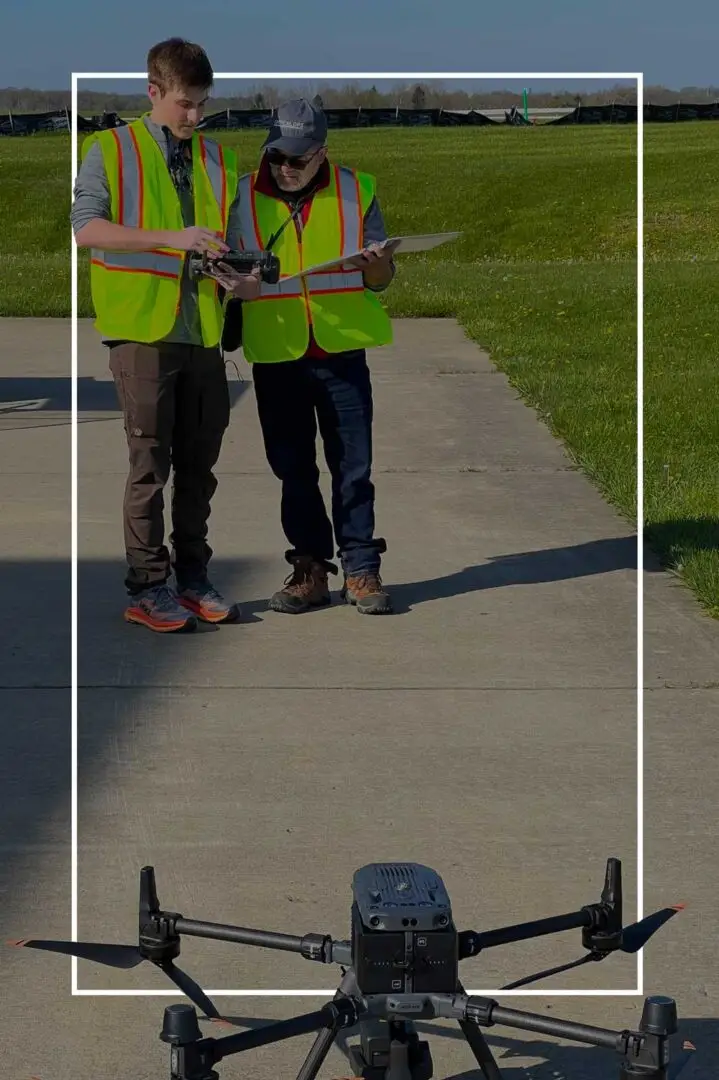 Two men preparing a drone for flight.