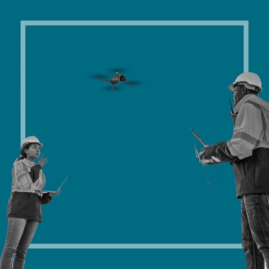 Drone surveying crew with laptop and remote.