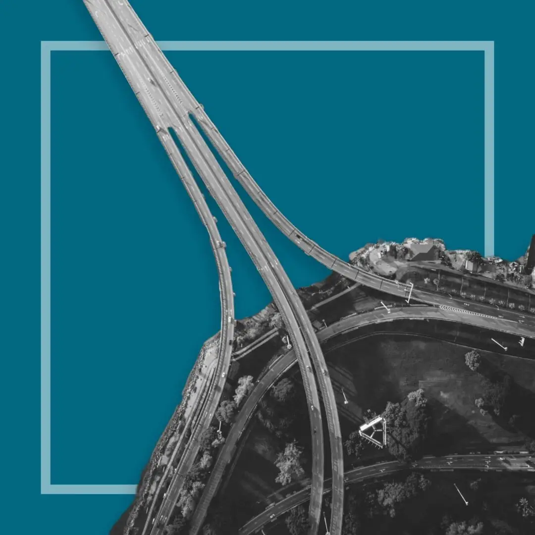 Aerial view of highway interchange.