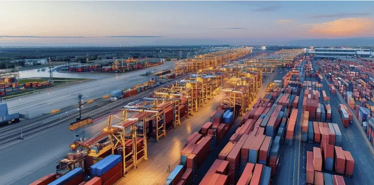 Busy container port at sunset.